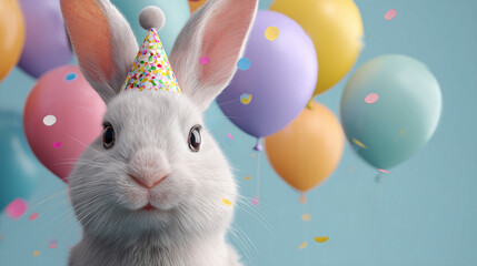 Ai cute white rabbit with a party hat stands in front of colorful balloons during a birthday celebration