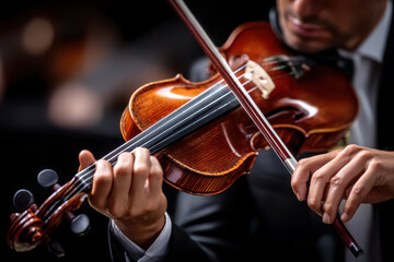 Fototapeta premium Close up of musician playing violin on dark background