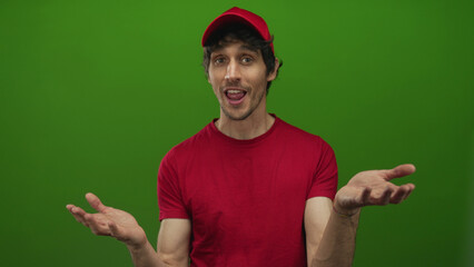 Delivery man offers open palms in studio against bright green background while smiling broadly;...