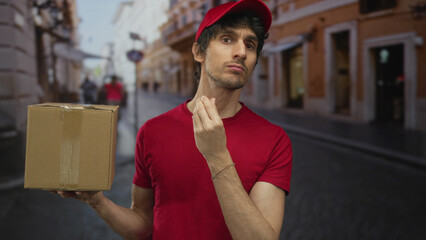 Man holding cardboard box with one hand while making pinched fingers gesture near chin on street;...
