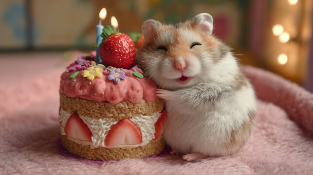 Ai happy hamster celebrates with a small cake on a soft pink blanket at a cheerful gathering