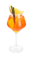 Glass of refreshing spritzer cocktail isolated on white