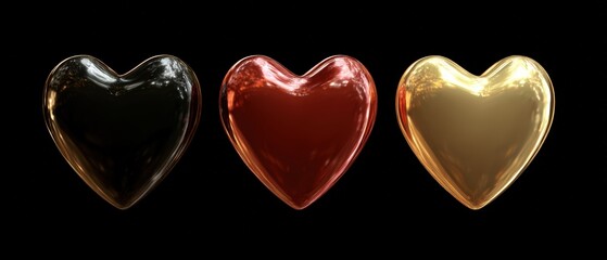 Three glossy hearts in black, red, and gold against a dark background, suitable for themes of love, passion, or celebration, Ideal for marketing, greeting cards, or emotional design elements,