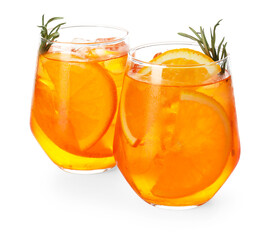 Glasses of refreshing spritzer cocktail with rosemary isolated on white