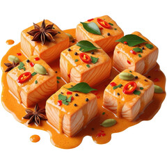 Delicious tofu cubes in spicy orange sauce isolated on transparent background