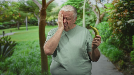 Senior man holding banana with hand to mouth gesture in forest path, inspecting fruit; confusion hesitation health concern.