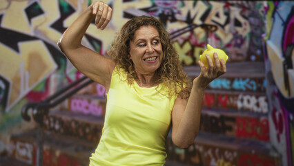 Woman points finger to yellow piggy bank while holding it on a street with graffiti stairs; playful...