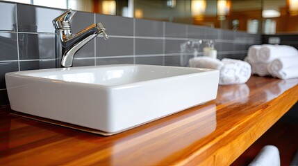 A modern bathroom features a fresh green plant beside a bowl sink and neatly folded white towels on a wooden counter