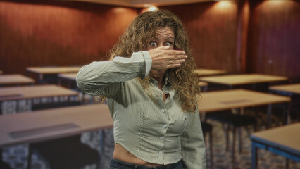 Middle age woman in striped shirt raises hand palm forward to block face and shield eyes among empty tables in conference room building; defensive tension.