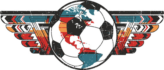 Colorful geometric patterned soccer ball with wings on white background