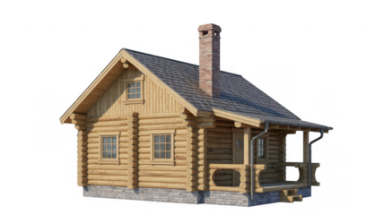 Rustic wooden log cabin with chimney and porch isolated on a transparent background