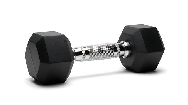 Single black hexagonal dumbbell with silver textured handle on a white background.