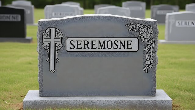 Close up of a gray granite headstone with the name seremosne in a peaceful cemetery