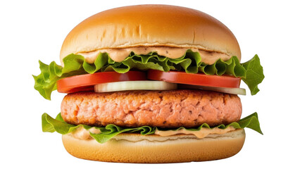 Delicious salmon burger with lettuce and tomato isolated on transparent background
