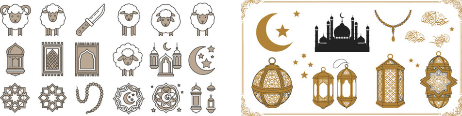 Eid celebration with lanterns moons stars and traditional Islamic decorations