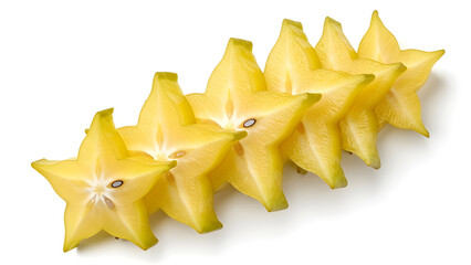 Diagonal macro shot of sliced starfruit. Isolated on White background.