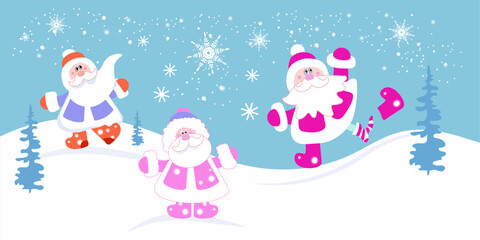 Christmas illustration with a set of Santa Clauses.  Perfect for greeting cards, invitations. Flat vector illustration on a color background.