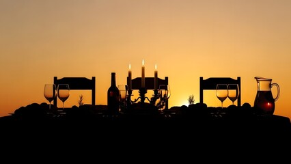 Romantic sunset picnic with wine glasses and a bottle on a table outdoors