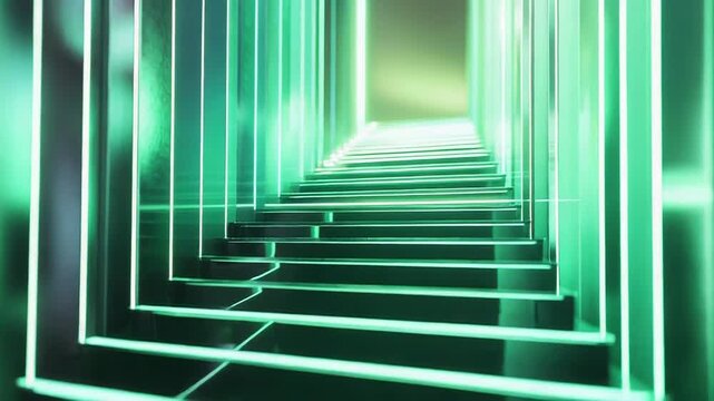 Green glowing futuristic stairs leading to light