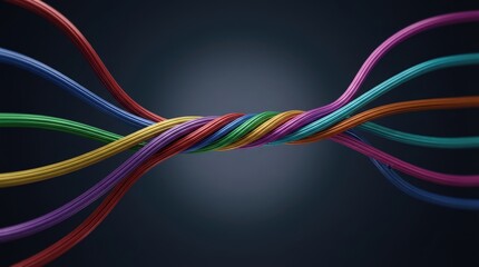 Abstract colorful twisted cables on dark background, digital data transfer network