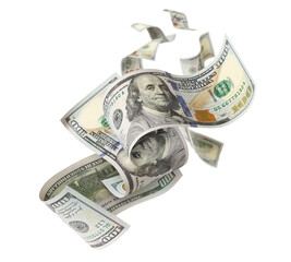 Flying hundred dollar bills, isolated on transparent cutout background