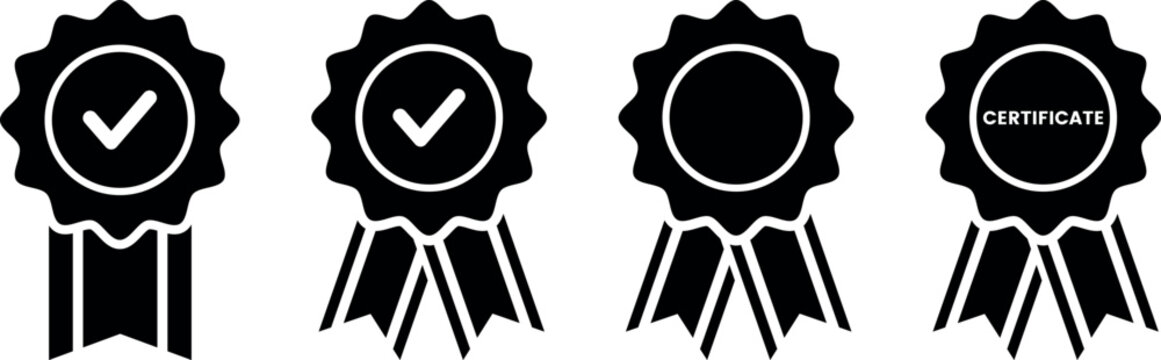 Certificate ribbon badge icons - award rosette with check mark, quality seal, achievement medal set, vector silhouettes