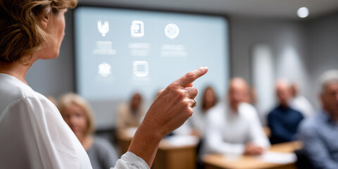 Businesswoman giving presentation to a group of professionals in a modern conference room with digital icons on screen