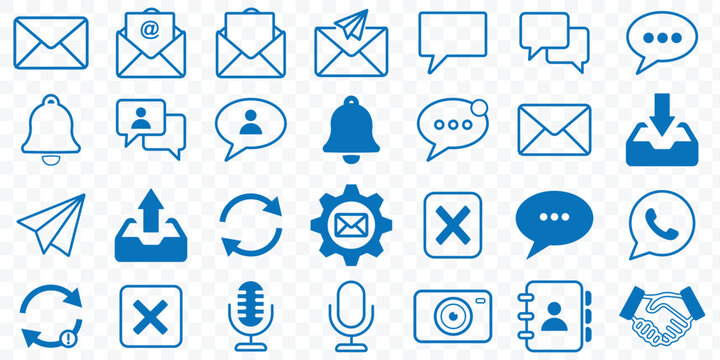 Vector Email and Chat Icon Collection, Envelope, SMS, Bubble, and Contact Signs for App UI. email icon. mail symbol for app. Envelope icon outline pictogram isolated. newsletter web buttons. mail icon