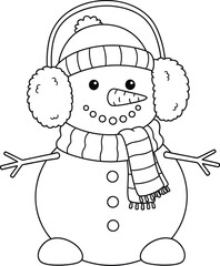 Cute Snowman Coloring Page – Winter Snowman with Scarf, Earmuffs and Carrot Nose | Easy Christmas Holiday Illustration for Kids and Adults