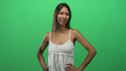 Thai woman standing with hands on hips wearing white crocheted tank top and pendant necklace against a studio green screen, slight smile and head tilt; confidence poise.