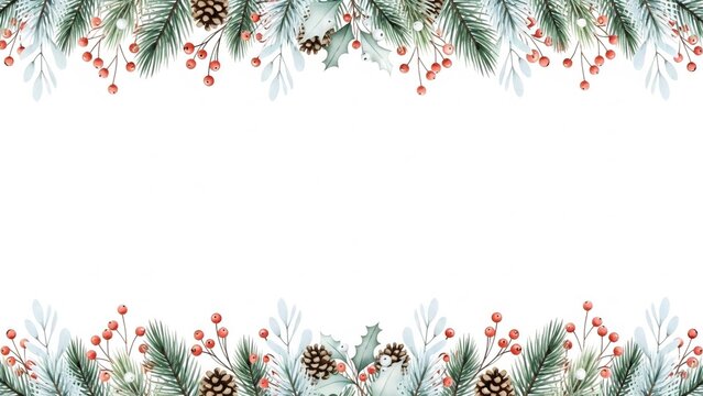 Festive winter border with pine branches, berries, and pinecones, perfect for holiday greetings and decorations