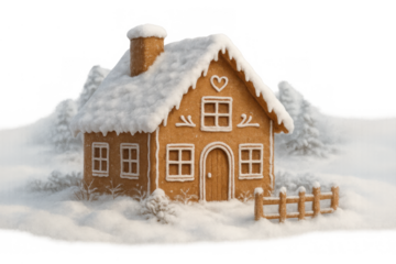 Gingerbread house covered in snow, creating a sweet holiday dessert cottage scene for winter celebrations, transparent background