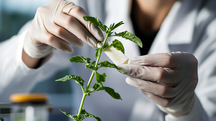 Close-up of plant research in a lab with gloved hands attaching something to the stem. Science advances with innovative plant science. A scientist's careful plant research.