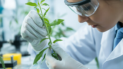 Botanical researcher in protective gear carefully examining a plant specimen in a lab, ensuring precise analysis & data collection for scientific advancement and innovation.