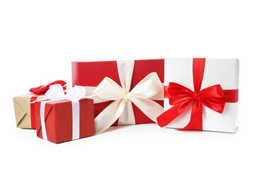 Beautiful gift boxes with bows isolated on white