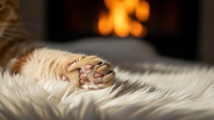 Close-up of a cats paw resting on a white fluffy rug in front of a warm fireplace.