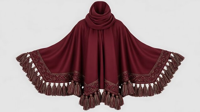 A sophisticated and luxurious burgundy poncho featured against a clean, neutral background, showcasing high-end winter fashion.
