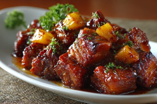 Plate of Hamonado topped with yellow squash, drizzled with balsamic glaze, garnished with parsley. Concept of sweet braised meat Filipino cooked in high-quality presentation.
