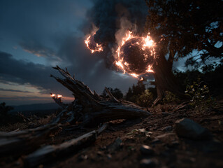 Obraz premium a surreal, fantastical scene with a large, glowing, fire-like orb in the sky, surrounded by dark clouds. In the foreground, there is a weathered log with a sharp, menacing appearance
