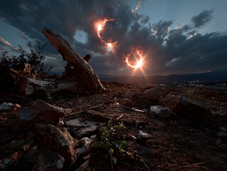 Obraz premium a surreal, fantastical scene with a large, glowing, fire-like orb in the sky, surrounded by dark clouds. In the foreground, there is a weathered log with a sharp, menacing appearance