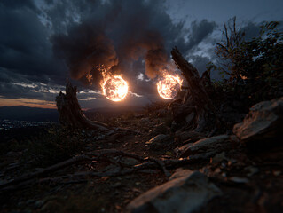 Obraz premium a surreal, fantastical scene with a large, glowing, fire-like orb in the sky, surrounded by dark clouds. In the foreground, there is a weathered log with a sharp, menacing appearance