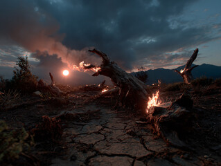 Obraz premium a surreal, fantastical scene with a large, glowing, fire-like orb in the sky, surrounded by dark clouds. In the foreground, there is a weathered log with a sharp, menacing appearance