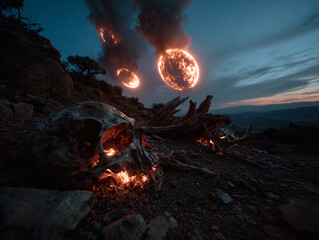 Obraz premium a surreal, fantastical scene with a large, glowing, fire-like orb in the sky, surrounded by dark clouds. In the foreground, there is a weathered log with a sharp, menacing appearance
