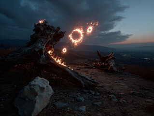 Obraz premium a surreal, fantastical scene with a large, glowing, fire-like orb in the sky, surrounded by dark clouds. In the foreground, there is a weathered log with a sharp, menacing appearance