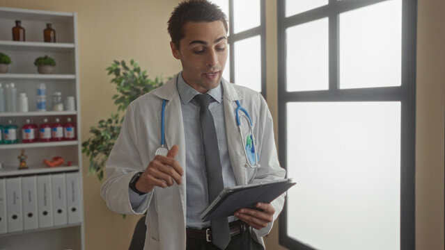 Young hispanic male doctor wearing stethoscope and uniform in a clinic room using a digital tablet indoors showcasing a professional medical workplace environment. - Powered by Adobe