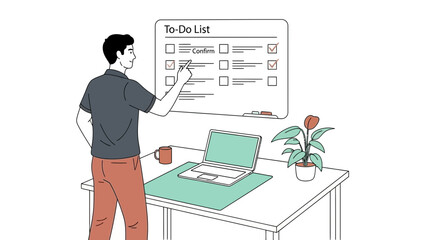 Fototapeta premium A person checking off items on a to-do list at a desk in a minimalist design