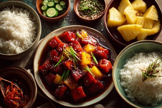 Hamonado served in bowl, featuring sticky, reddish-orange curry with pineapple, green onions, drizzled with dark liquid. Concept of sweet braised meat Filipino cooked, warm atmosphere.