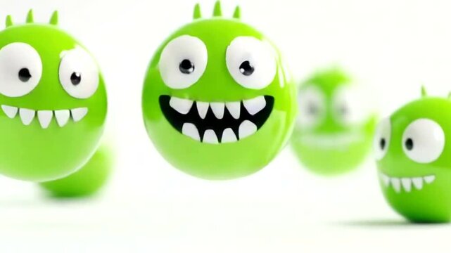Green cartoon monsters with sharp teeth standing on white background in 3D illustration