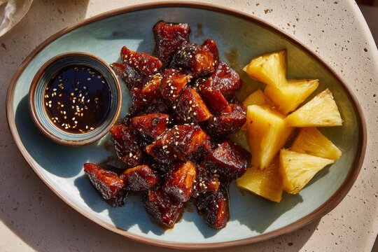 Plate of Hamonado garnished with sesame seeds, small bowl of dark sesame oil on side. Concept of sweet braised meat Filipino cooked, culinary presentation, kitchen ambiance.