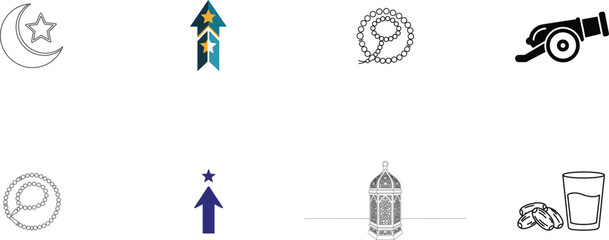 Various Ramadan themed including crescent moon star and cannon